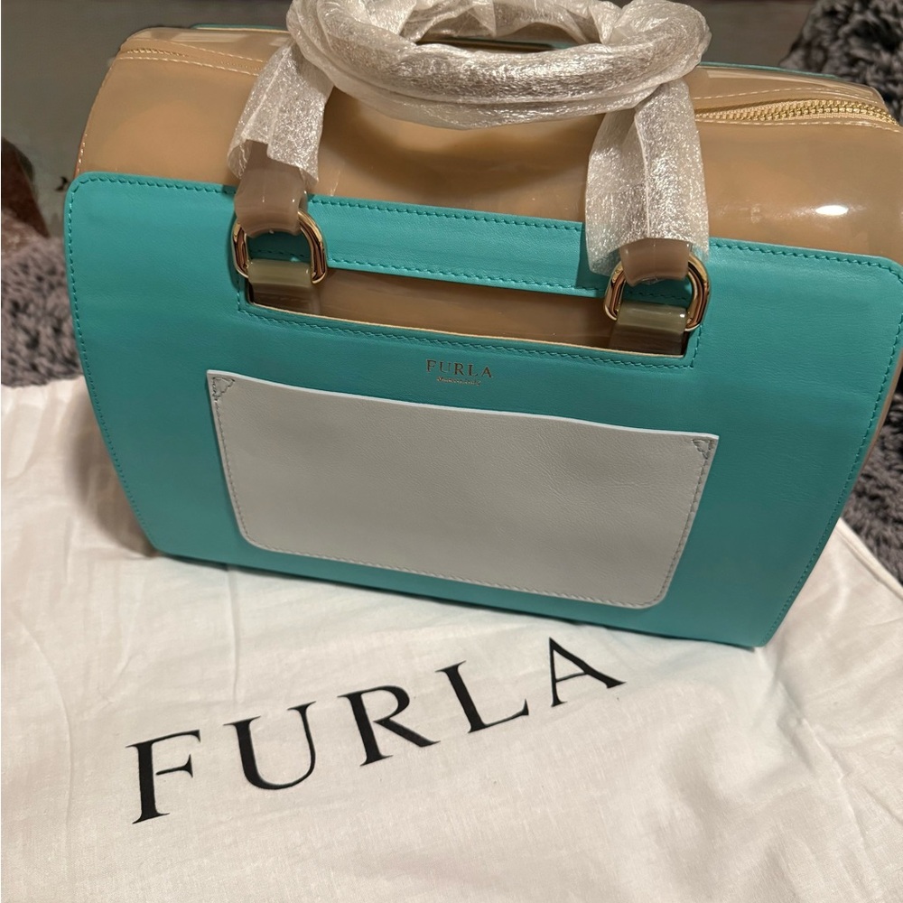 Furla Aqua and Beige Satchel BNWT